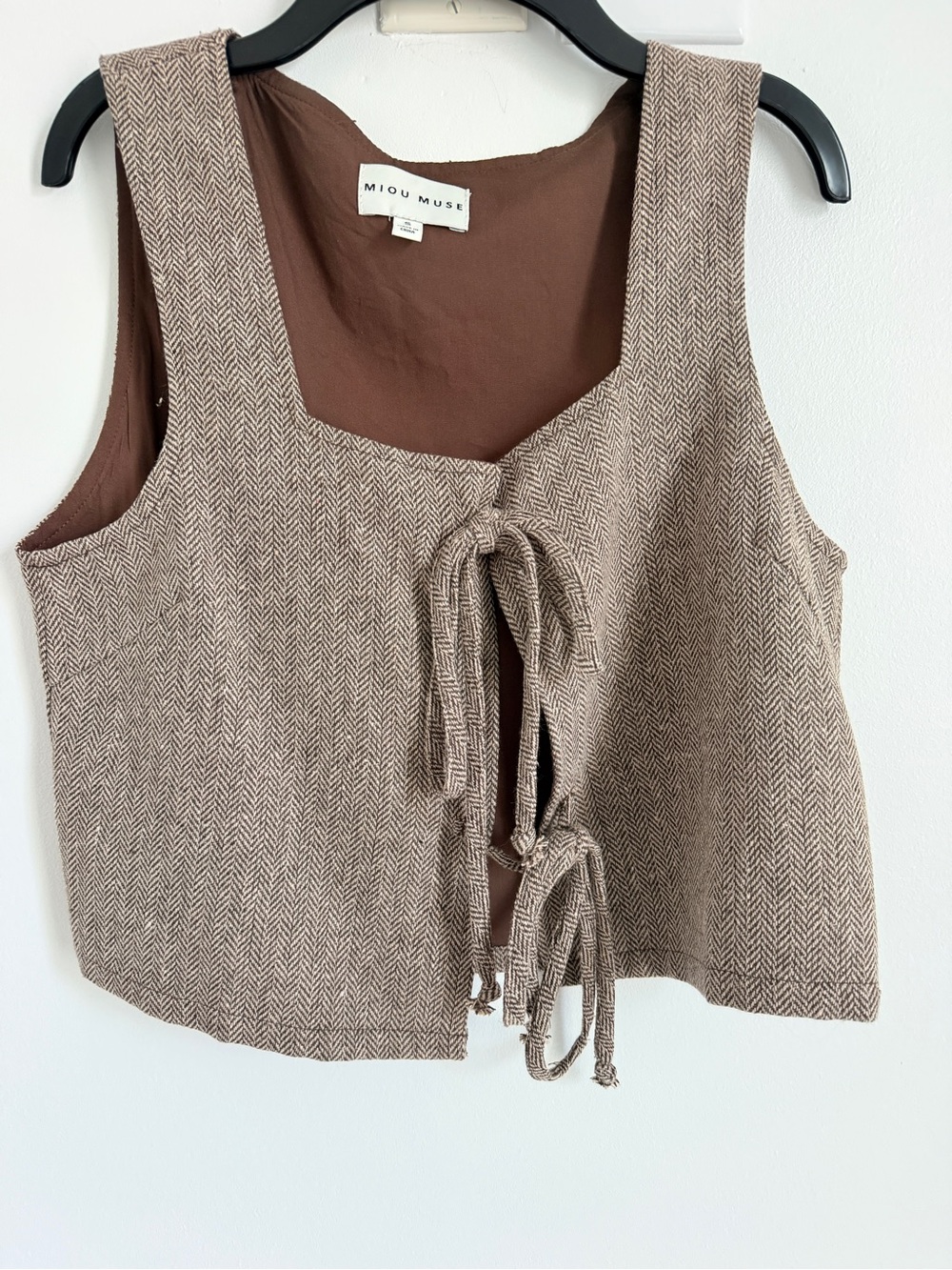 Brown Herringbone Tie-Front Crop Top